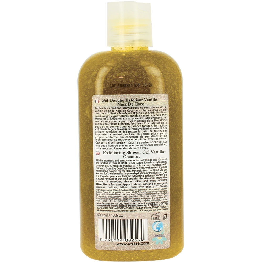 Bouteille de gel douche exfoliant vanille coco dos