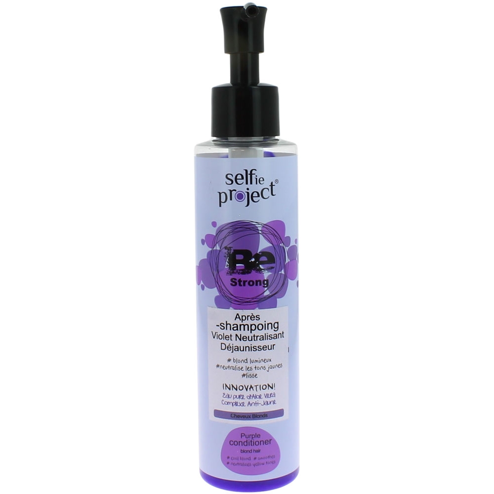 Bouteille d'après shampoing violet déjaunisseur neutralisant Be strong de la marque selfie project