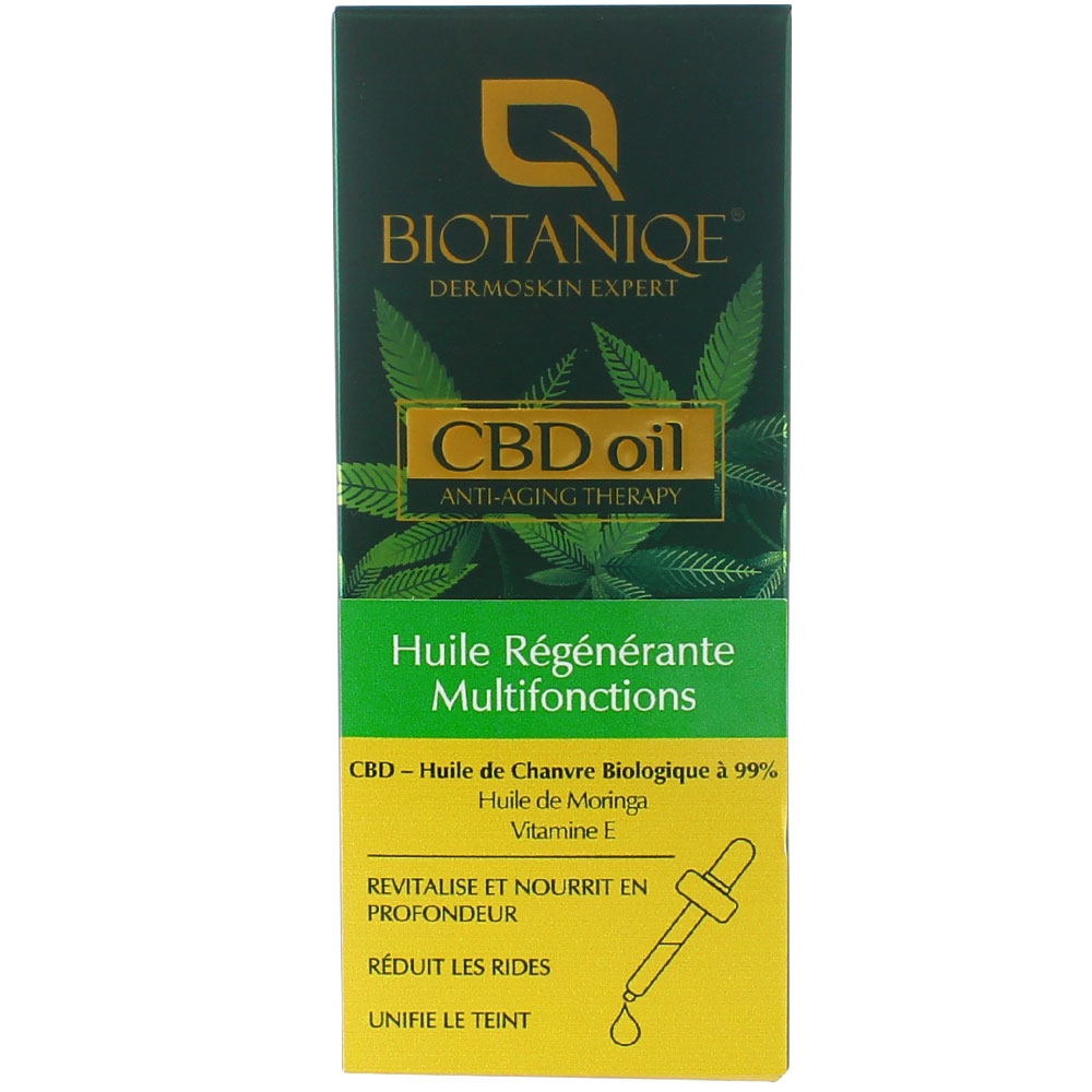 Huile régénérante multifonctions CBD oil Biotaniqe packaging français