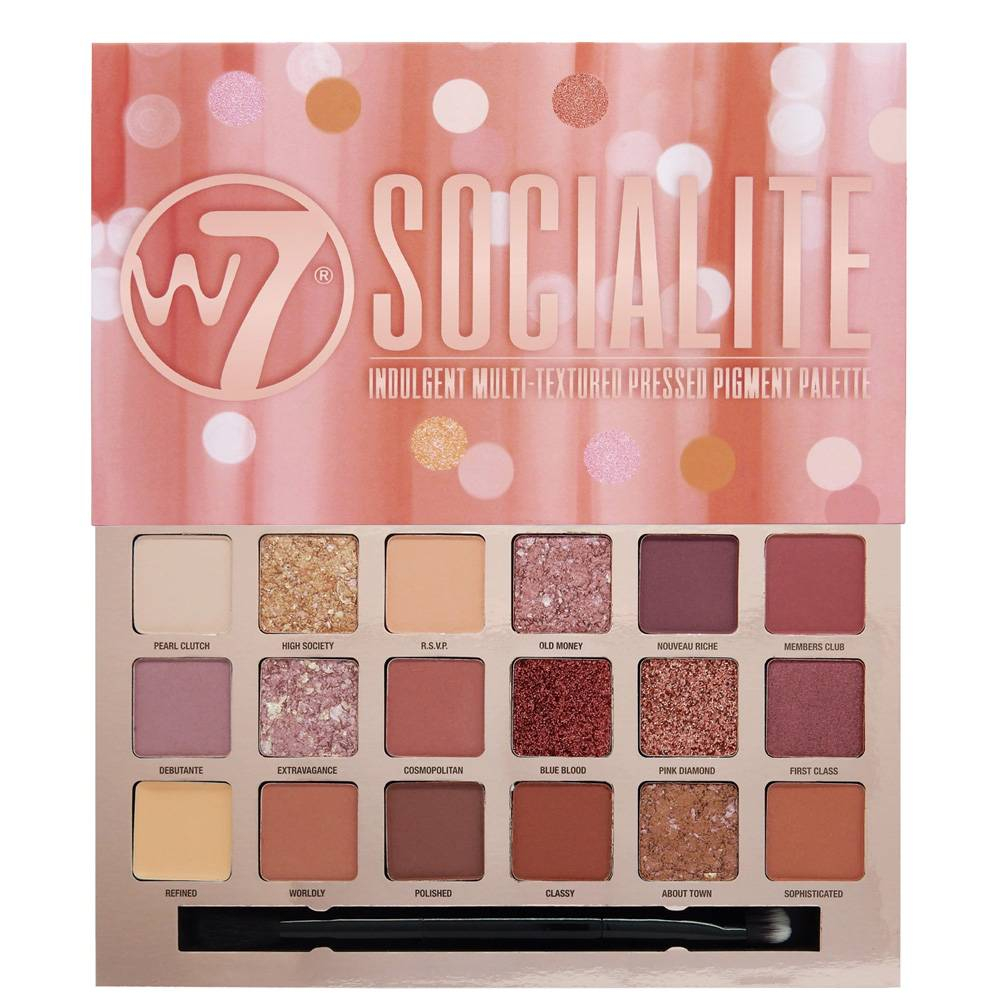Palette Socialite de W7 composé de 18 fards à paupières à la nuance rosé et aux finis mats, irisés, pailletés et métalliques.